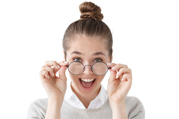 Excited girl holding round glasses, mouth open wide in surprise with good offer