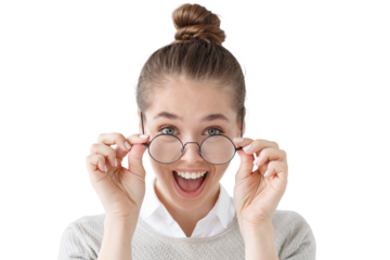 Excited girl holding round glasses, mouth open wide in surprise with good offer