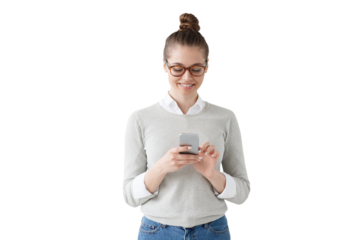 Smiling student girl typing on the phone