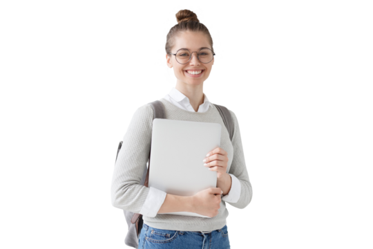 Student girl in glasses holding closed laptop with positive friendly smile, looking forward to studying in college