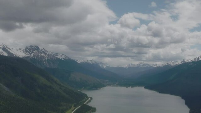 The Canadian Rockies are capped with cloud cover in Jasper