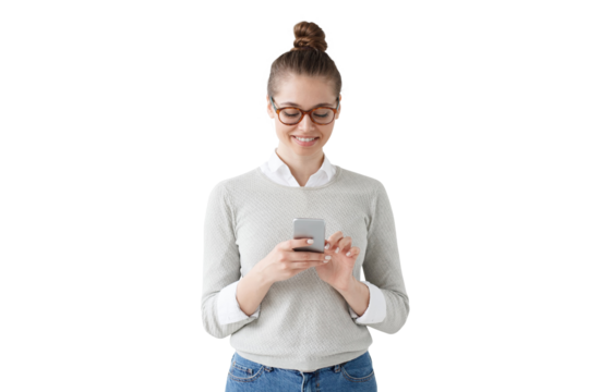 Smiling student girl typing on the phone