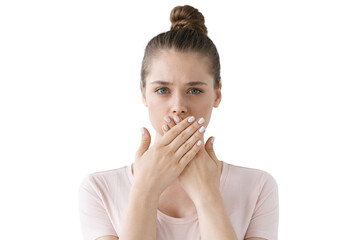 Young woman keeping secret, covering mouth with hands