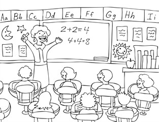 Female teacher gives a lecture to her elementary class on basic math in the classroom - black and white.