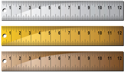 Set of 3 metal/wooden rulers with hole punch at end.  Rulers measured in inches with centimeter dashes.