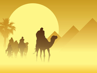 Camel caravan going through the sandstorm near pyramids