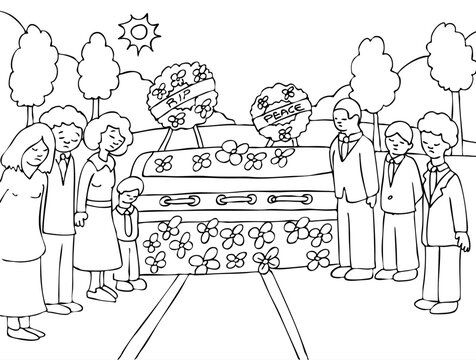 People mourn a lost loved one at an outside funeral - black and white.