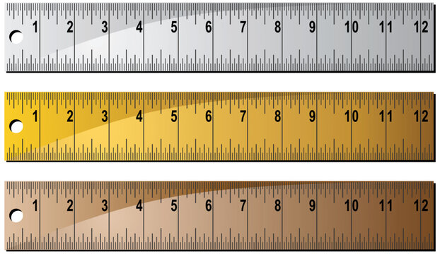 Set of 3 metal/wooden rulers with hole punch at end.  Rulers measured in inches with centimeter dashes.