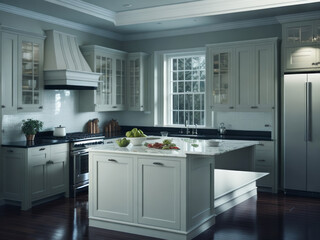 A realistic portrayal of a modern and spacious kitchen emerges, bathed in abundant light and adorned with light colors.