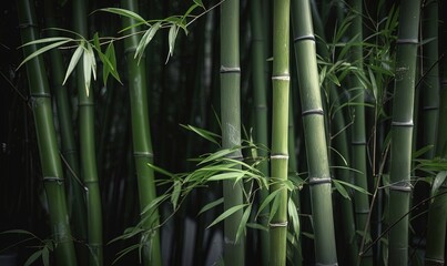 Fototapeta na wymiar a group of green bamboo trees with leaves on them,. generative ai