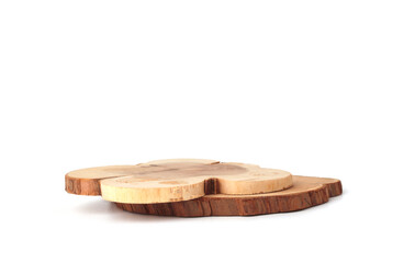 Wooden eco rustic pine tree wood platform podium on white background. Minimal empty display product presentation scene.