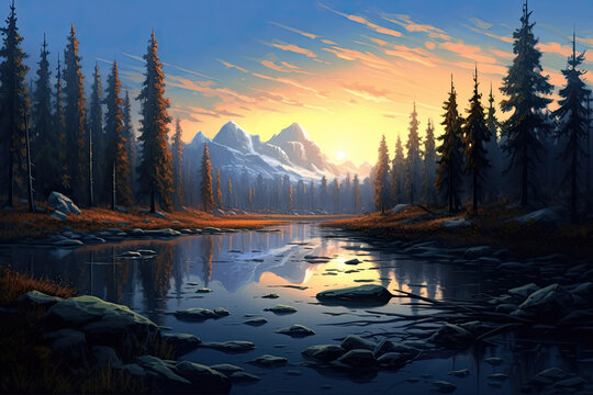Serene river landscape sunset in blues. AI generated