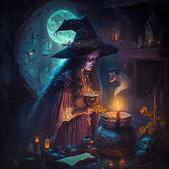 Magic fantasy land, sorceress brews magic potion, halloween