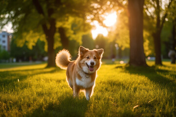 Happy dog walking on the green lawn in the park during the golden hour. Generative AI