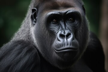 Obraz premium Beautiful portrait of a gorilla. Close-up view of gorilla face. Wild big black monkey in the forest, looks into the camera. African savanna animal. Generative AI animal
