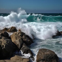 spray of the waves beats on big stones created with Generative AI technology