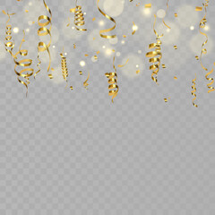 Gold serpentine and confetti isolated on black background. Vector illustration.	
