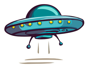 UFO extraterrestrial spaceship landing isolated. Cartoon illustration style. AI generated