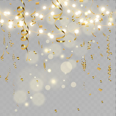 Gold serpentine and confetti isolated on black background. Vector illustration.	
