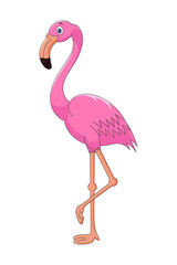 Fototapeta premium Cute cartoon pink flamingo. Drawing african baby wild exotic tropical bird. Kind smiling jungle safari flamingos. Creative graphic hand drawn print. Vector eps illustration