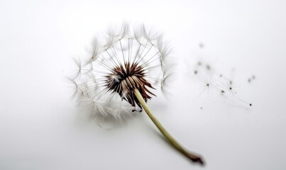  a dandelion with seeds blowing in the wind on a white surface.  generative ai