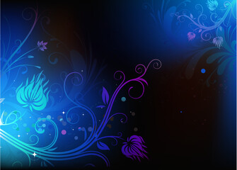 Fototapeta na wymiar Vector illustration of futuristic background made of blue shiny floral elements