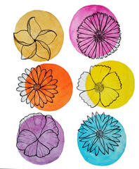 Watercolor icon. Sketch of a flower on a colored circle.