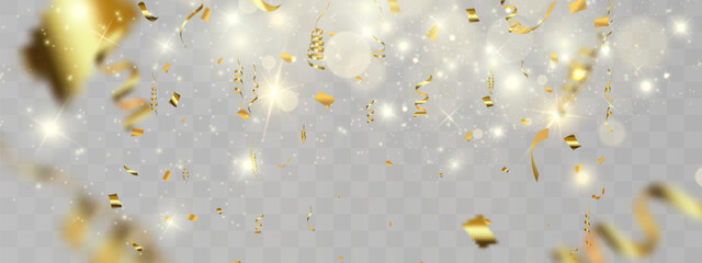 Gold serpentine and confetti isolated on black background. Vector illustration.	
