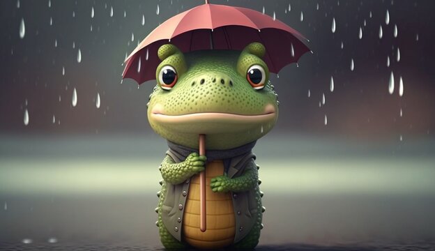 Cute Cartoon Alligator Character Holding an Umbrella in the Rain. Generative AI.