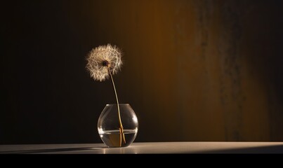  a dandelion in a glass of water on a table.  generative ai