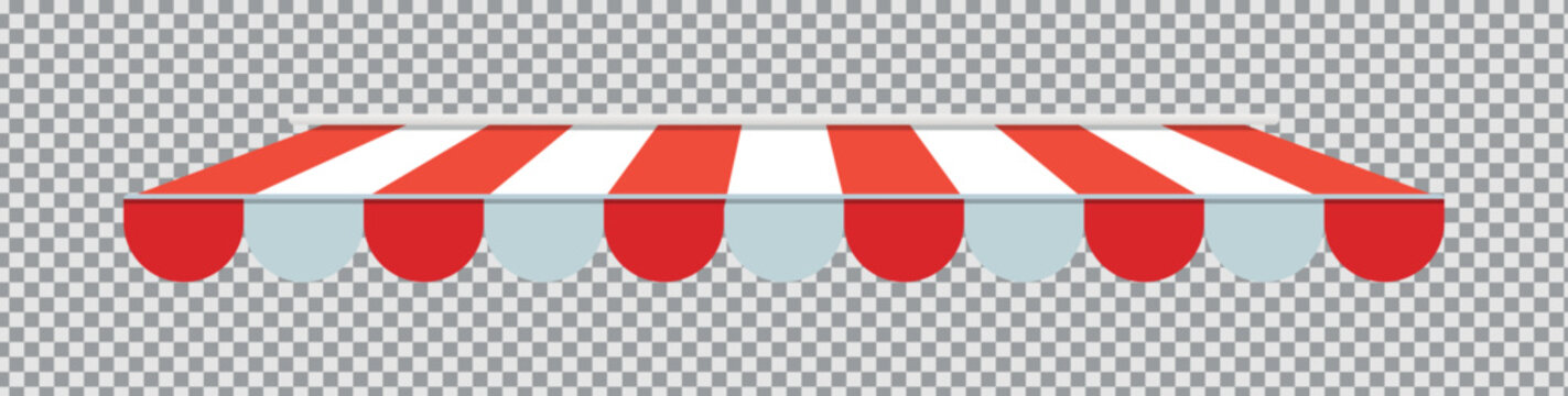 Red shop canopy. Cafe sunshade, store awning or roof with red and white stripes isolated vector set. Vector illustration. EPS 10