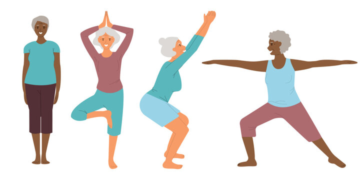 Senior women doing yoga. Set of old women make morning yoga or breathing exercises. Isolated vector illustration. Mental health concept