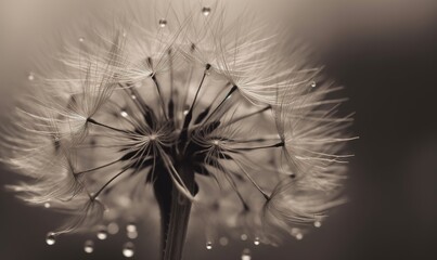  a black and white photo of a dandelion with drops of water on it.  generative ai