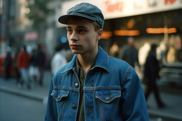 A boy wearing a denim jacket and a cap Generative Ai