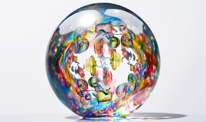  a colorful glass ball sitting on top of a white table.  generative ai