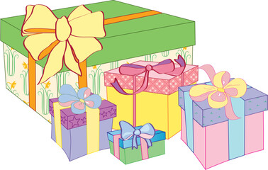 Cartoon boxes with ribbons and bows