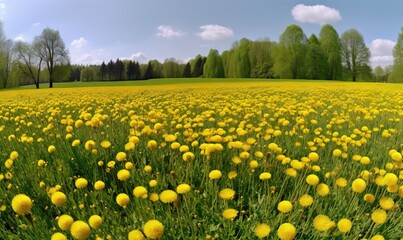 Fototapeta premium a field full of yellow flowers with trees in the background. generative ai
