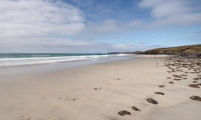  a sandy beach with footprints in the sand and a body of water in the distance.  generative ai