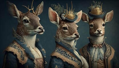 Deers animals dressed in victorian era clothing. Generative AI. - obrazy, fototapety, plakaty
