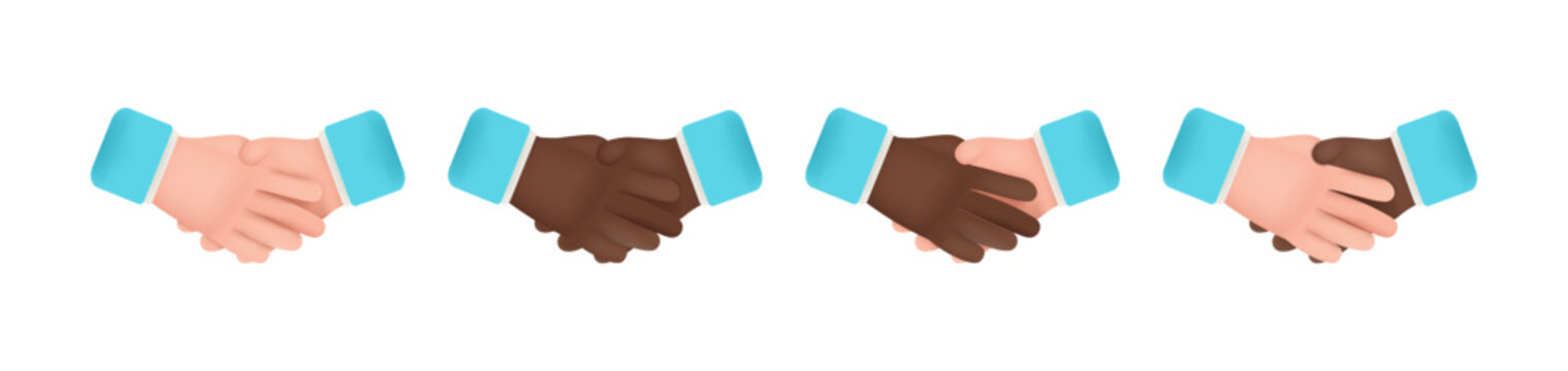 3D Cute cartoon hands shaking. Black African American cartoon character shaking hands. Black and white. Friendly funny cartoon style isolated on white background.
