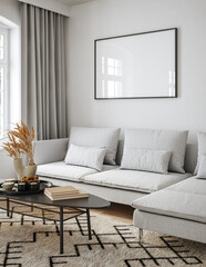 Mockup frame in Scandinavian living room interior with grey sofa, table and decor, 3d render