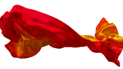 Yellow orange silk fabric design element, 3d rendering silk cloth material flying in the wind. Waving satin cloth isolated on transparent PNG background