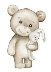 Cute bear, holding, bunny, toy. Watercolor clipart in cartoon style, on an isolated background.