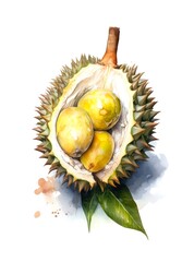 Watercolor illustration of a durian fruit on white background. Generative AI.