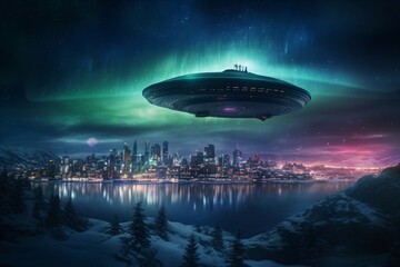 Naklejka na ściany i meble saucer-shaped spaceship approaches a major city by night created with Generative AI technology