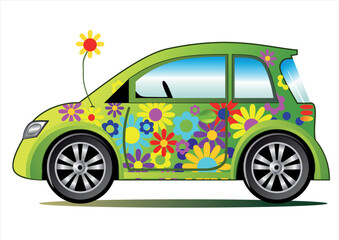 Fototapeta na wymiar Ecological illustration with stylized green car. Vector illustration.