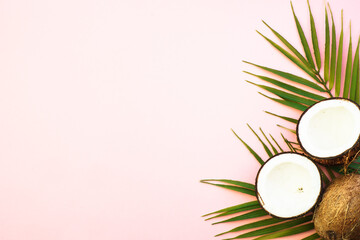Summer flat lay background. Palm leaves and coconut on pink background.