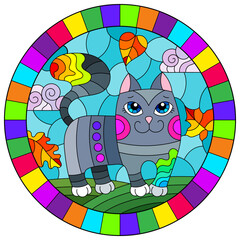 An illustration in the style of a stained glass window with bright cartoon cat on a background of blue sky and leaves in a bright frame