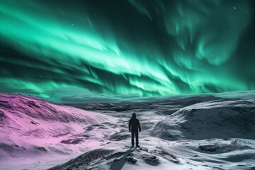 hiker in the snow looks at the northern lights created with Generative AI technology