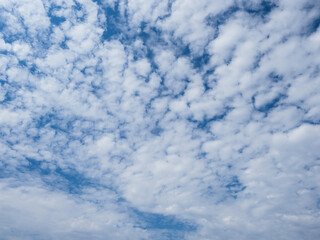 Blue sky with unusual fluffy abstract white clouds structure. Strange dramatic clouds pattern texture.